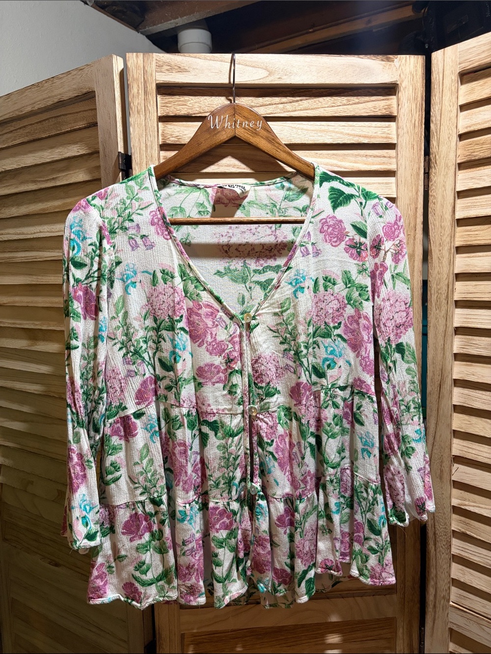 Show Me Your MuMu Pink & Green Floral V-Neck Button Front Blouse